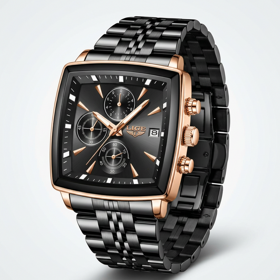 Luxury watch with black and rose gold design on a light gray background