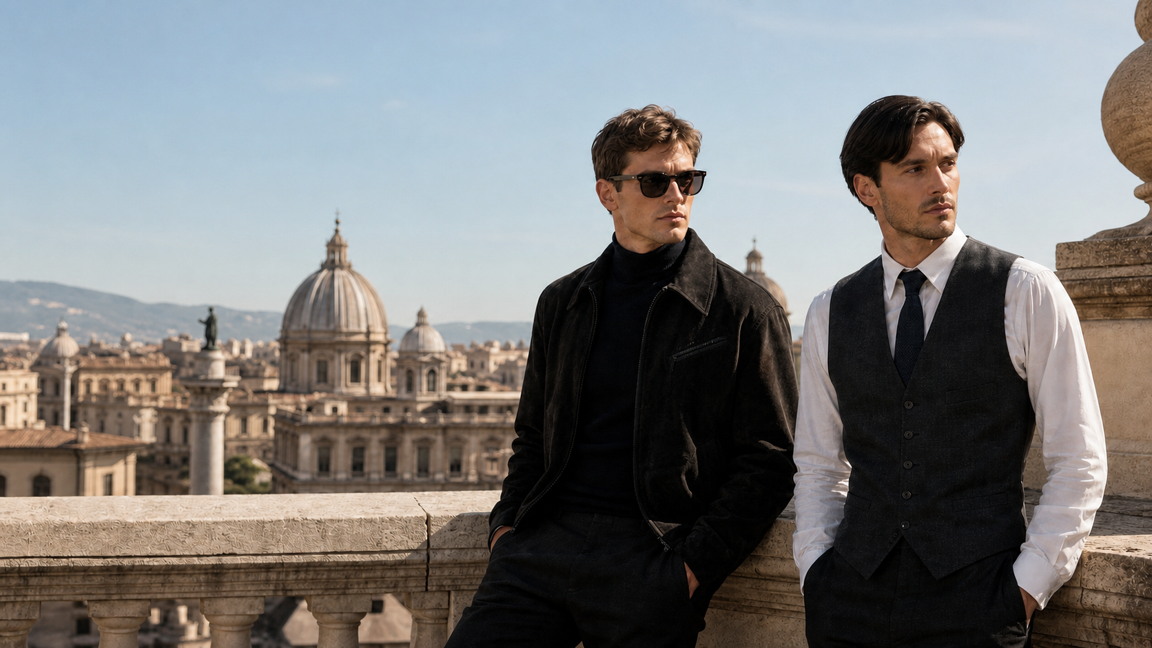 Two men in refined black tailoring overlooking a European city
